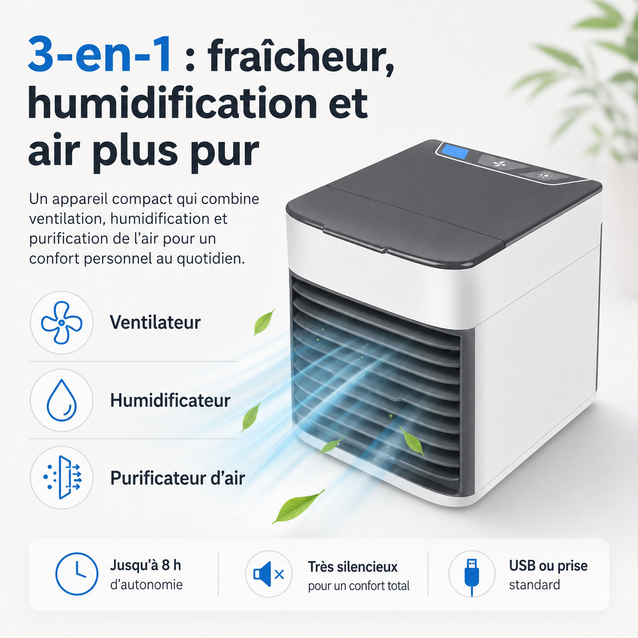 Refroidisseur d'air 3-en-1 avec ventilateur, humidificateur et purificateur d'air – Portable, silencieux et avec lampe de nuit LED