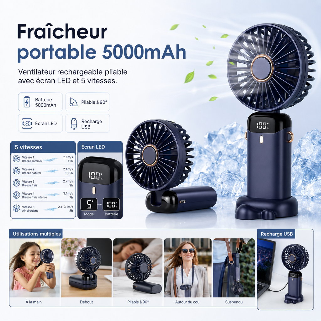 Ventilateur Portable Rechargeable 5000mAh