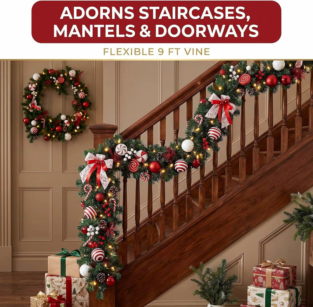 Guirlande de Noël Couvertes de Neige avec Cônes de Pin et Baies Rouges – Décoration de Noël Flexible