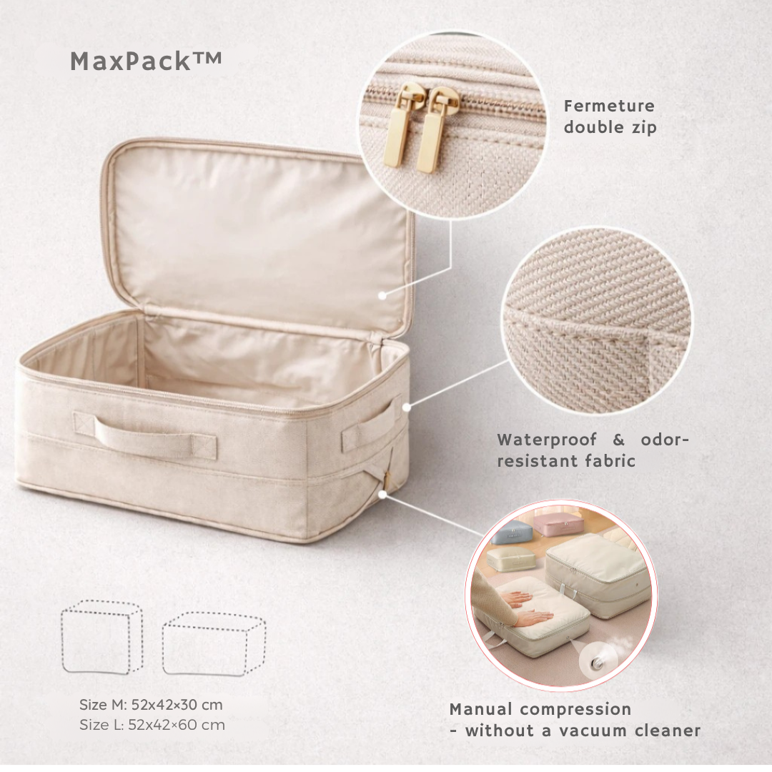 MaxPack™ — Écrasez le désordre rapidement et protégez vos affaires avec une compression robuste et étanche