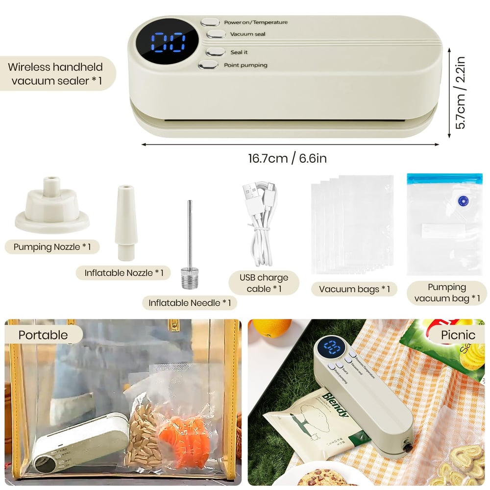 Scelleur de Vide Mini Sans Fil 3-en-1 - Gardez les Aliments Frais et Plus