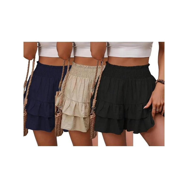 Shorts à volants smockés taille haute – Bas de lounge léger à double couche