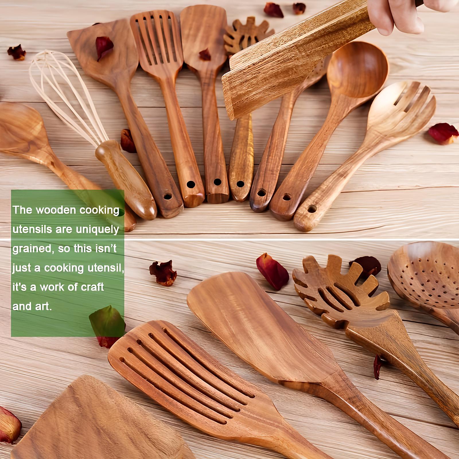 Skanto | Ensemble d'ustensiles de cuisine en teck de 11 pièces | Avec support | Bois naturel