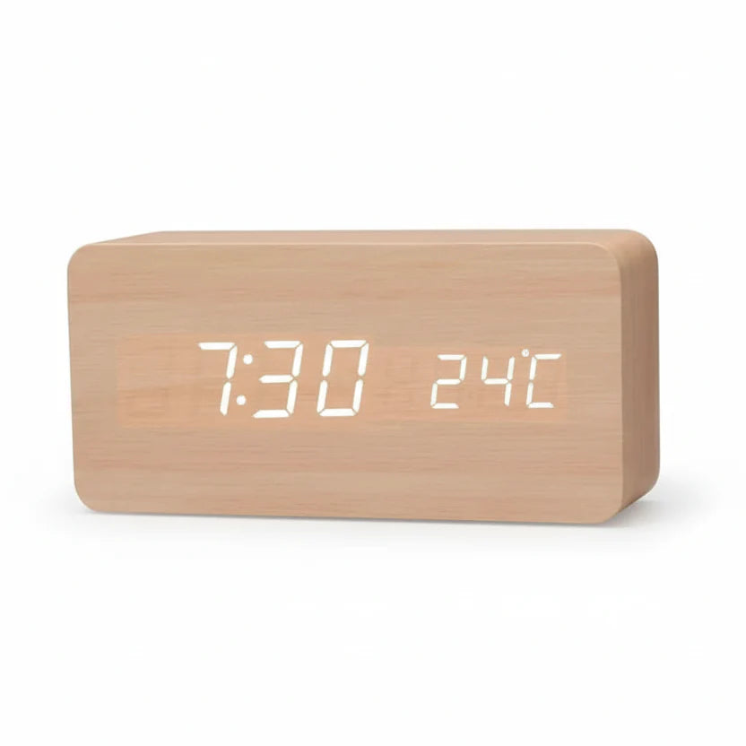 Réveil Futura en Bois LED avec Trois Alarmes Affichage de Température Luminosité Réglable