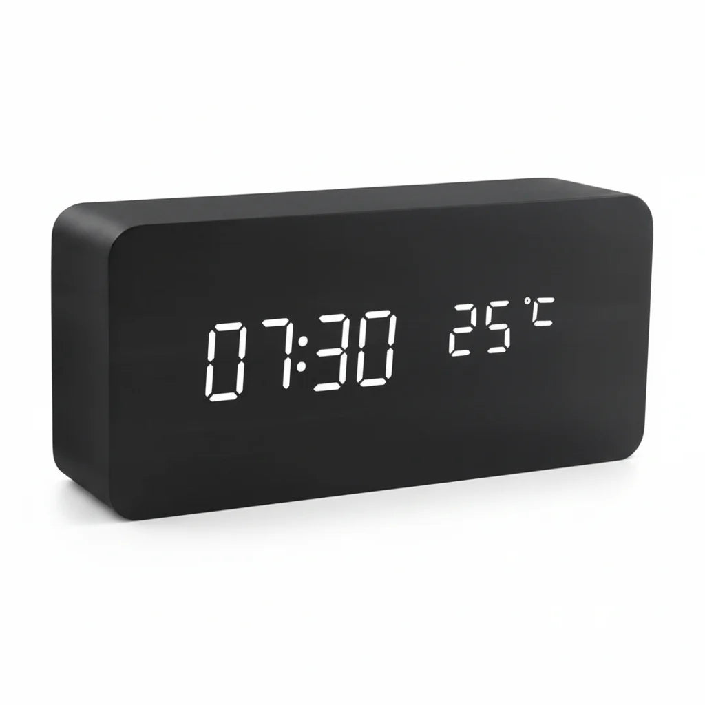 Réveil Futura en Bois LED avec Trois Alarmes Affichage de Température Luminosité Réglable