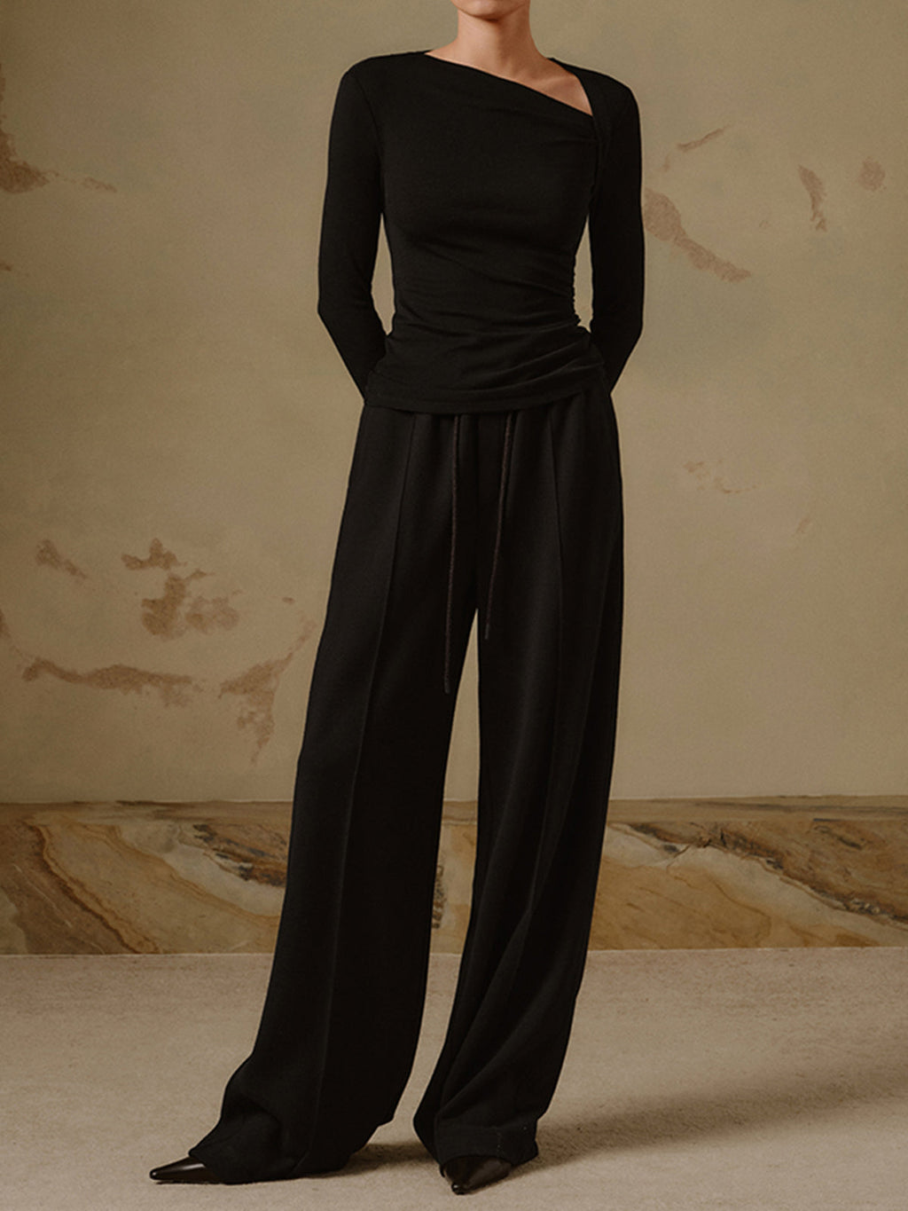 Chemise Asymétrique à Manches Longues en Tricot Côtelé