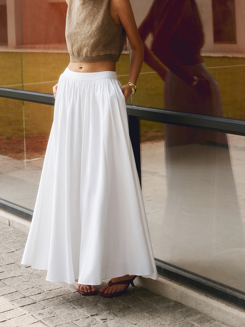 Jupe Maxi Plissée en Coton