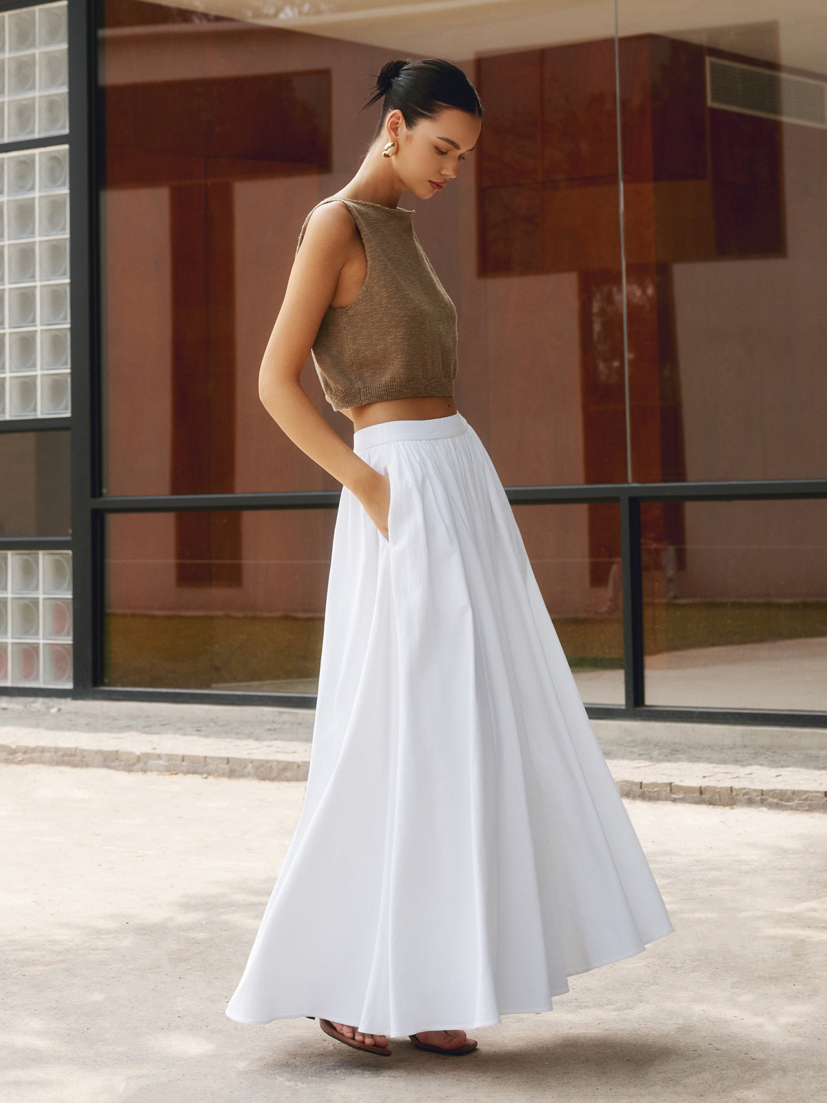 Jupe Maxi Plissée en Coton