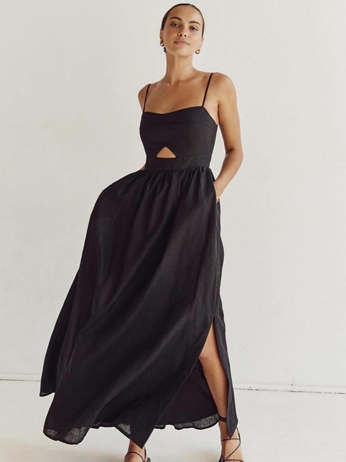 Robe Longue Sans Manches en Coton avec Poches Découpées