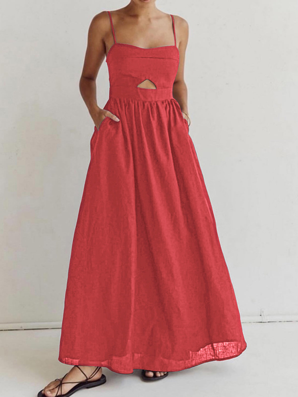 Robe Longue Sans Manches en Coton avec Poches Découpées