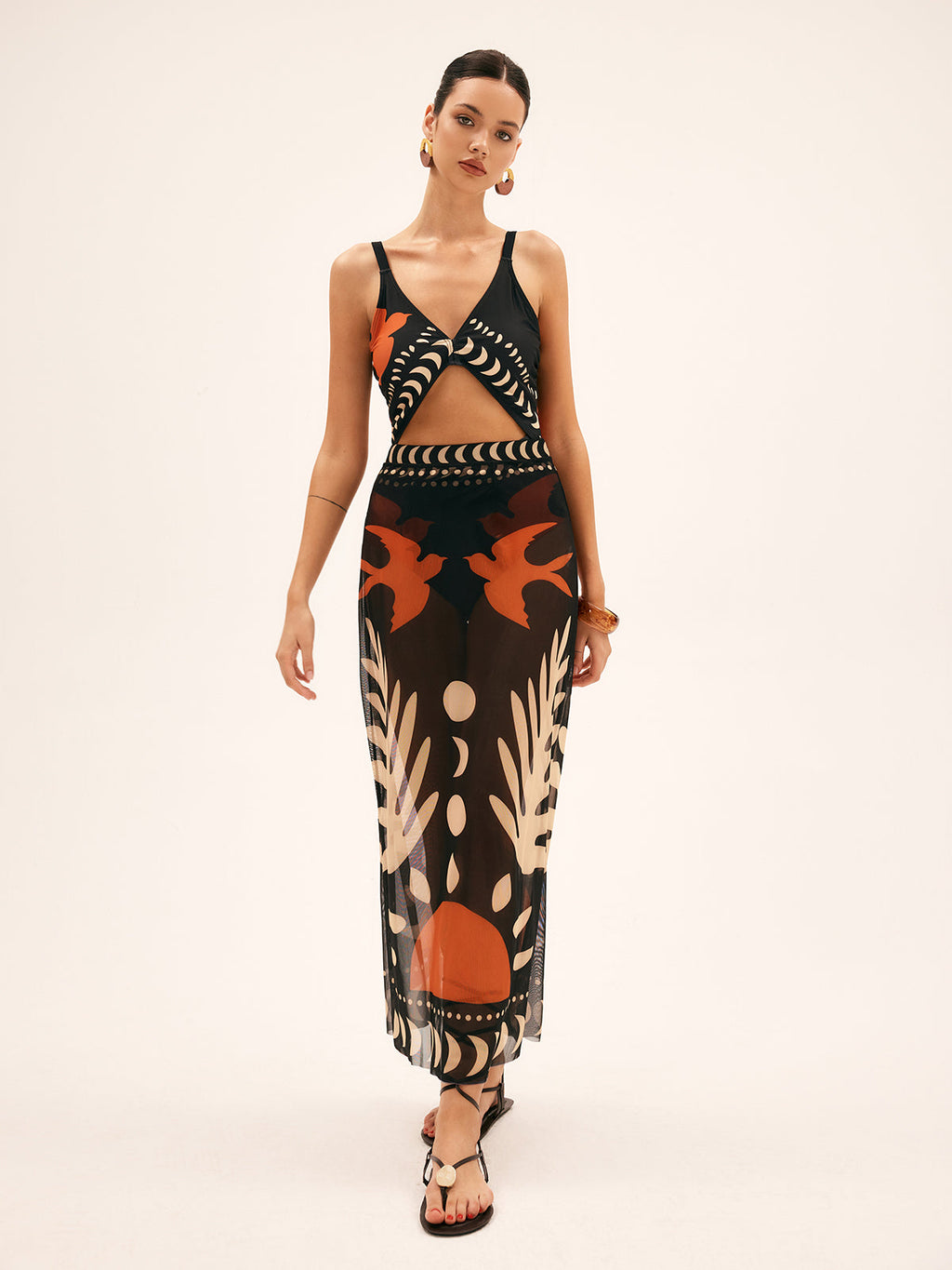 Jupe Maxi en Maille Imprimée Oiseaux