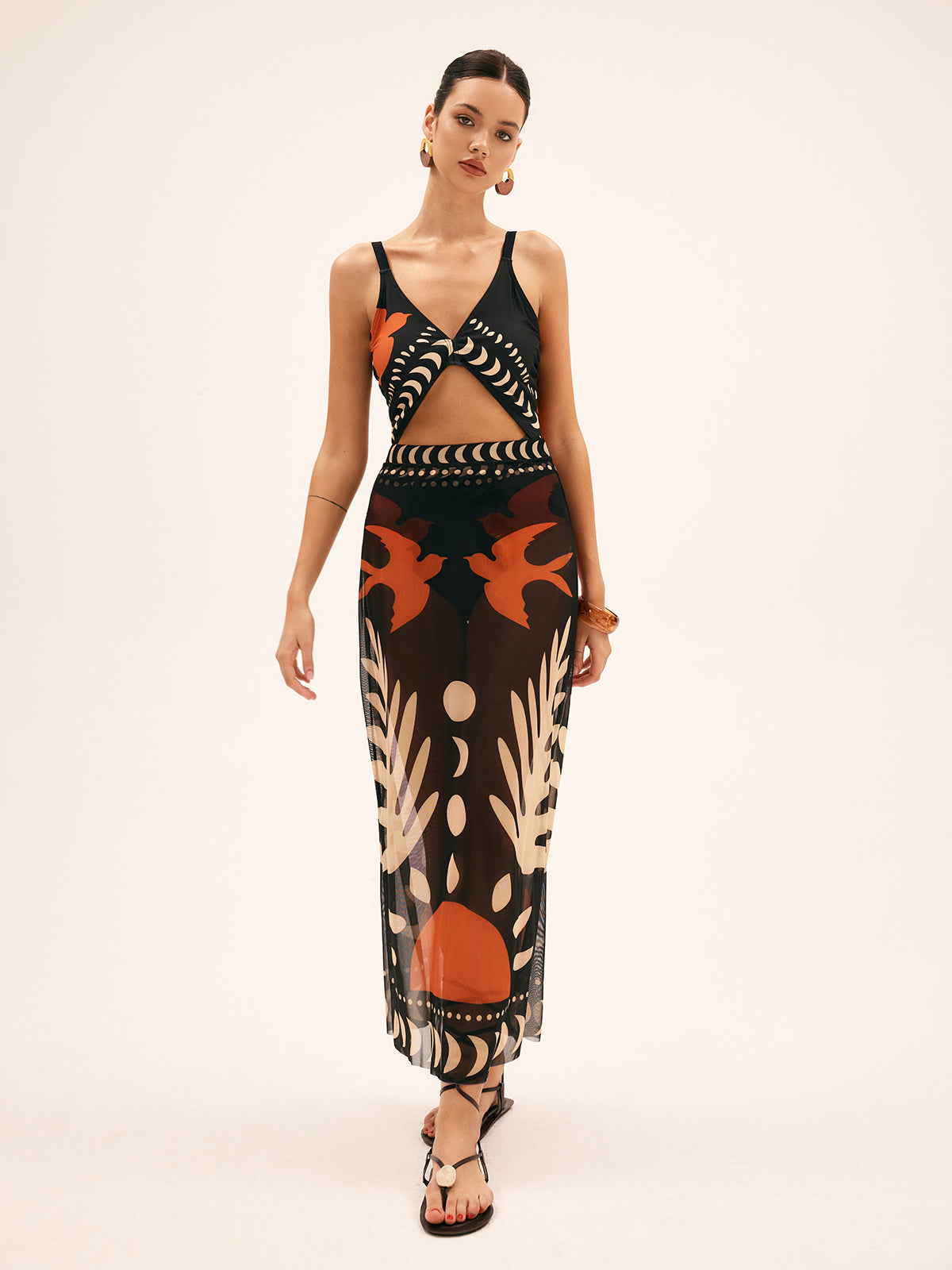 Jupe Maxi en Maille Imprimée Oiseaux