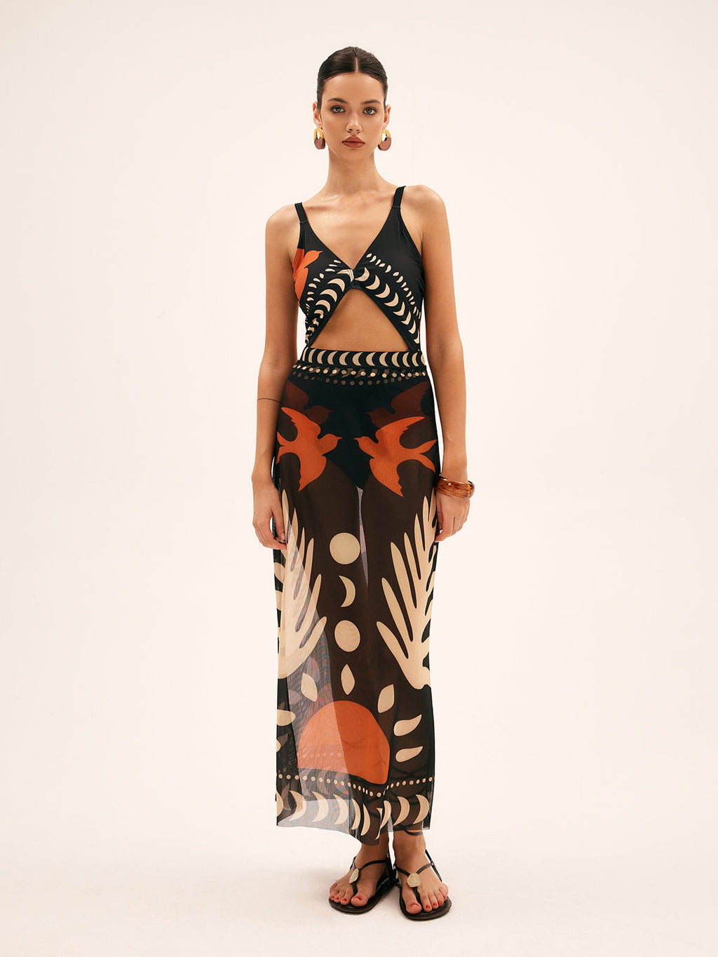 Jupe Maxi en Maille Imprimée Oiseaux