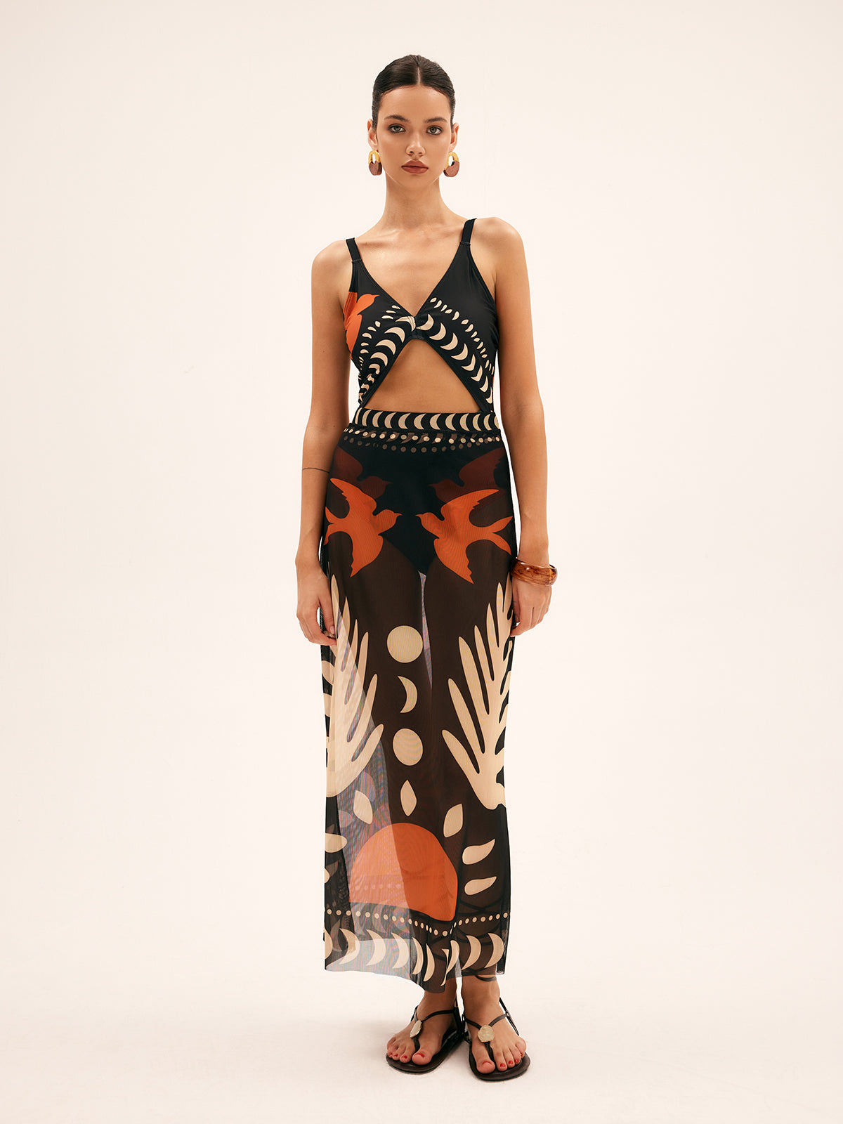 Jupe Maxi en Maille Imprimée Oiseaux