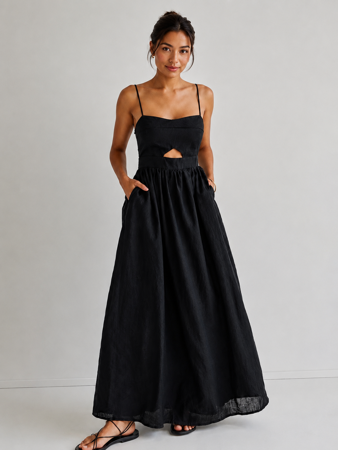 Robe Longue Sans Manches en Coton avec Poches Découpées