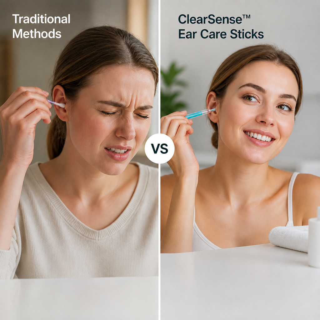 Bâtonnets de soin des oreilles ClearSense™ — Découvrez un nettoyage doux et visible qui garde vos oreilles fraîches et confiantes chaque jour