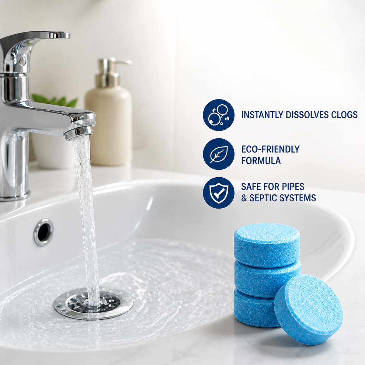 ClariFlow™ Tablettes Effervescentes — Un Pouvoir Effervescent Sans Effort Qui Élimine Les Obstructions et Rafraîchit Instantanément Votre Maison