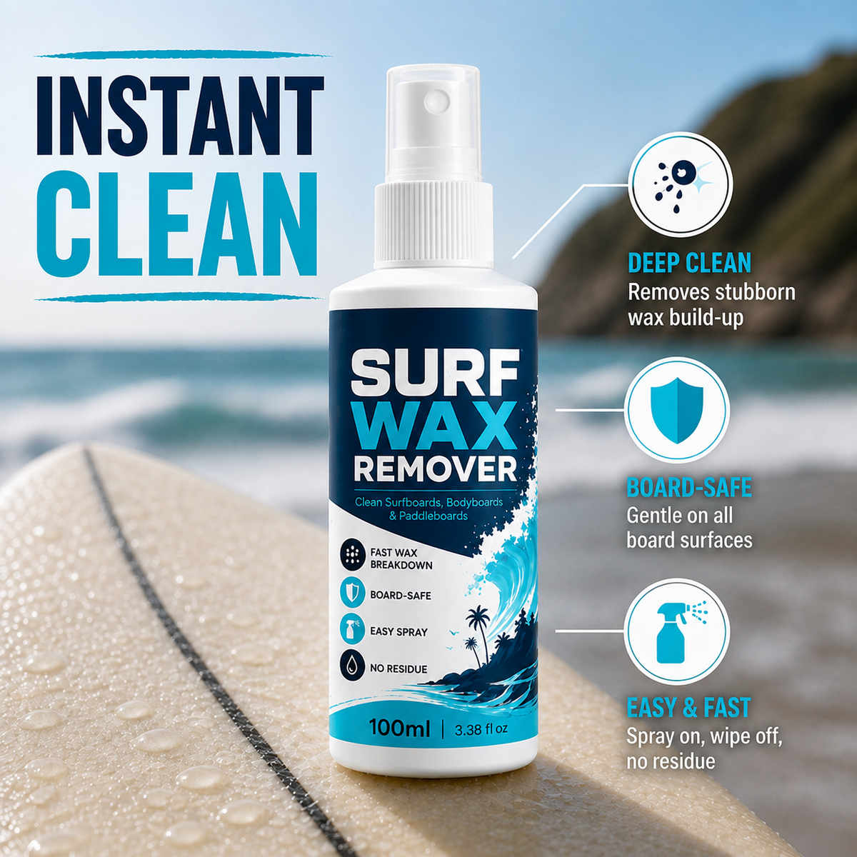 AquaShine™ Spray Dégraissant — Restaurez Instantanément l'Adhérence et l'Éclat de Votre Planche pour des Vagues Inarrêtables