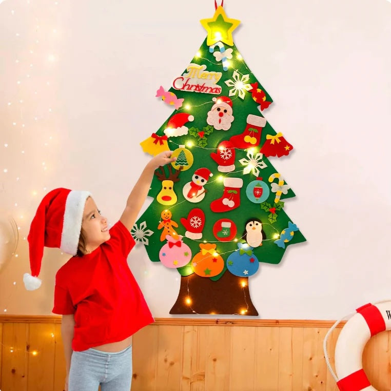 Arbre de Noël Montessori en feutre avec guirlande lumineuse