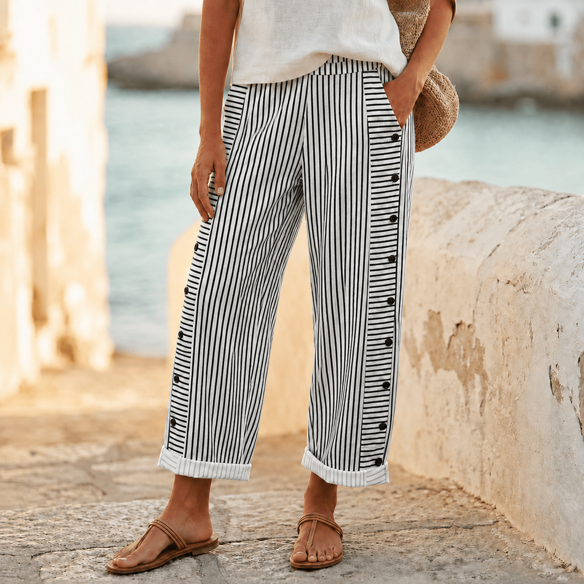 Coastlyn – Pantalon Rayé Femme avec Détails en Bouton