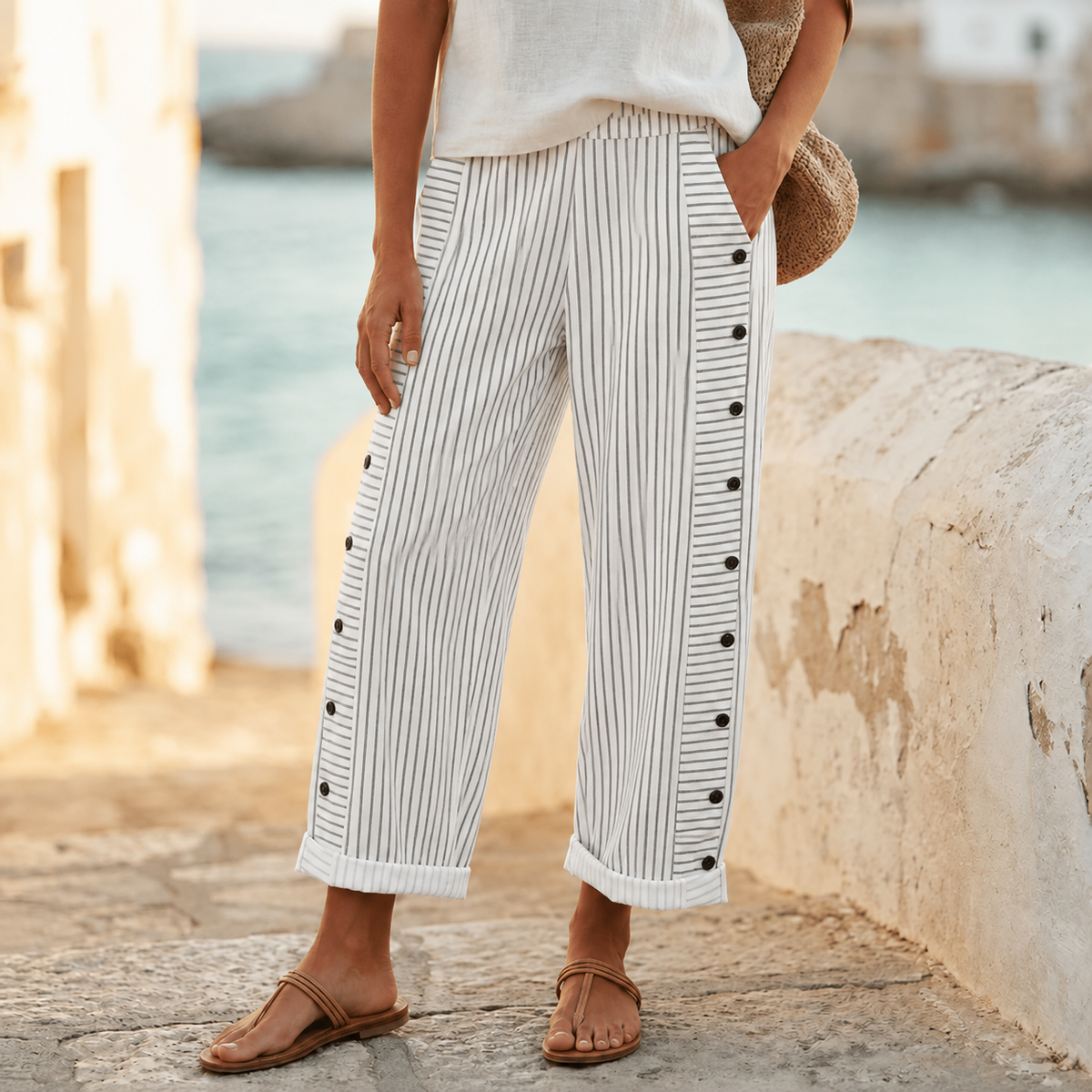 Coastlyn – Pantalon Rayé Femme avec Détails en Bouton