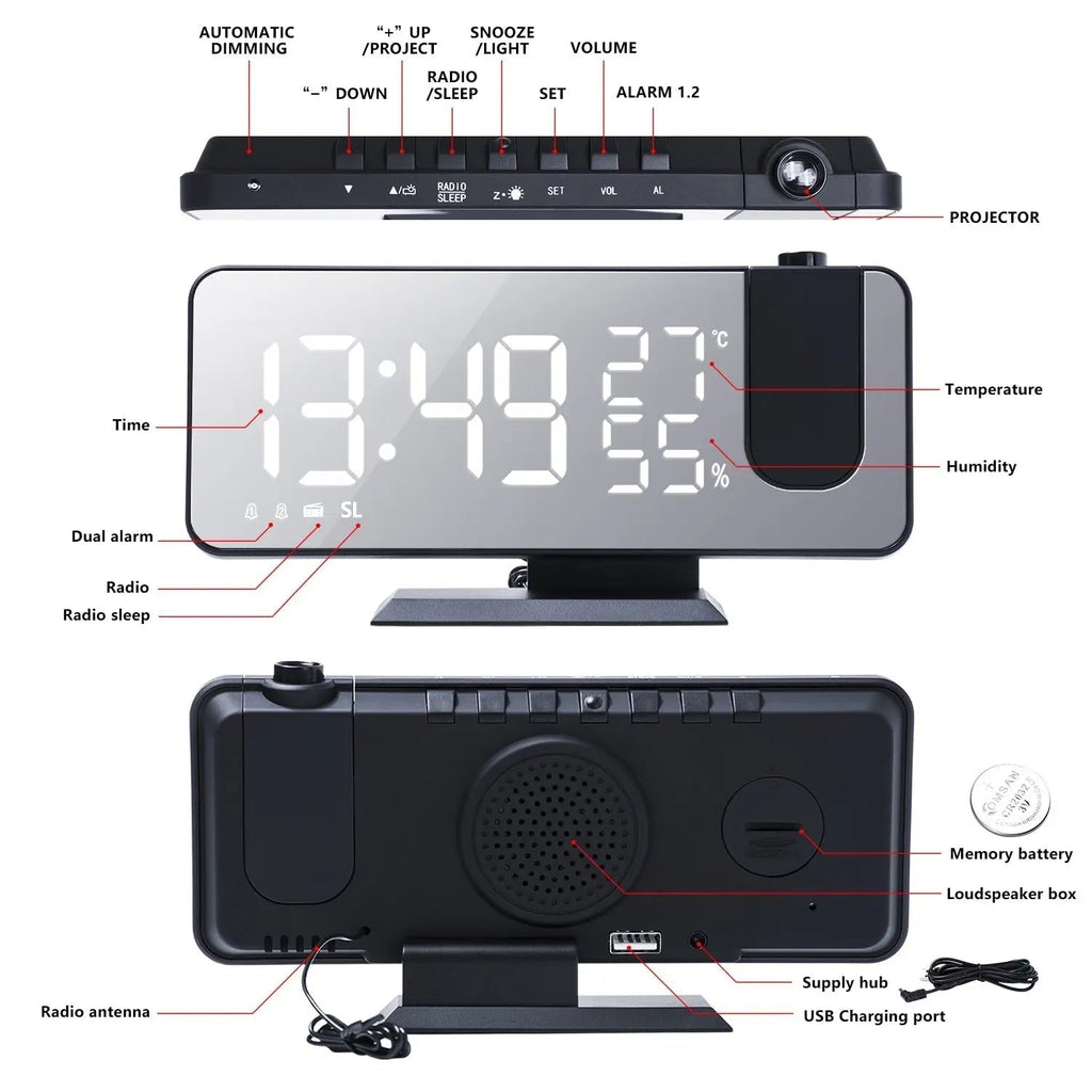 Réveil Radio FM avec Projection LED et Port de Charge USB