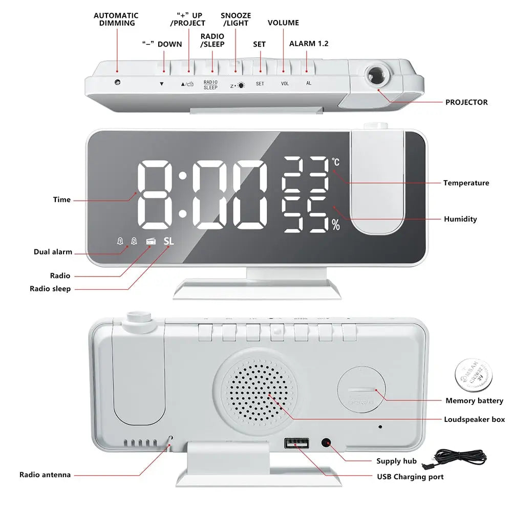 Réveil Radio FM avec Projection LED et Port de Charge USB