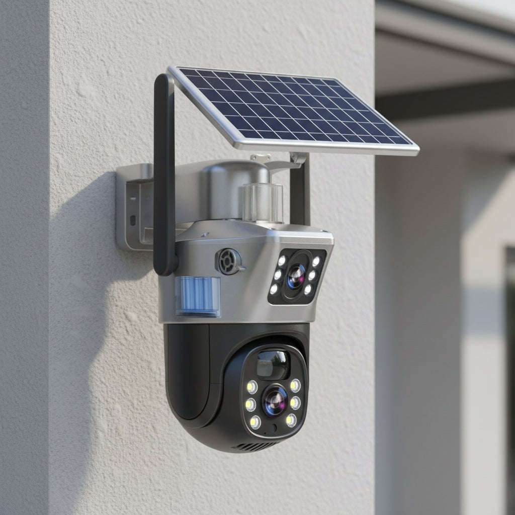 DualGuard | Caméra de sécurité sans fil 4K avec panneau solaire et détection intelligente | Vue panoramique à 360° pour une surveillance fiable