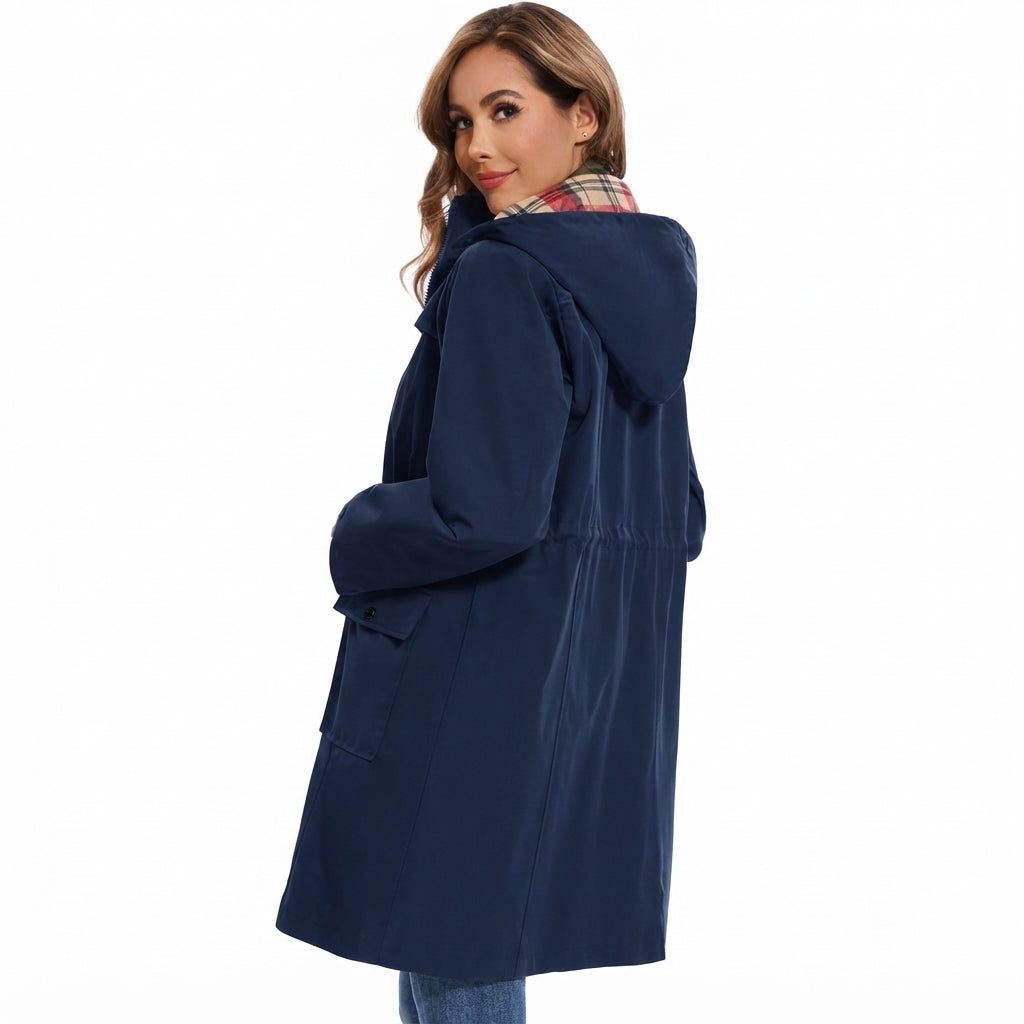 Veste de Pluie Femme avec Capuche – Imperméable avec Doublure en Fleece à Carreaux