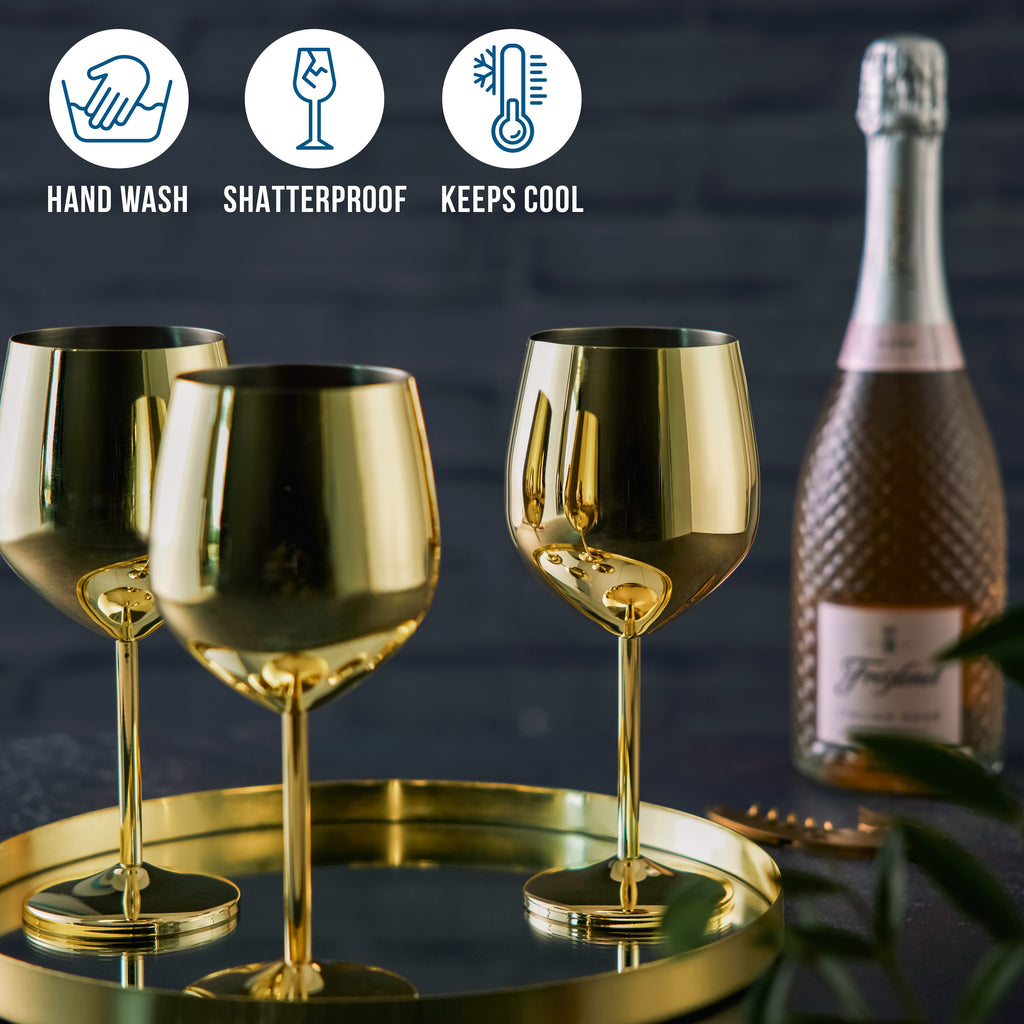 Verres à vin en acier inoxydable doré élégants avec design incassable | Parfaits pour les bars à domicile et les rassemblements en plein air