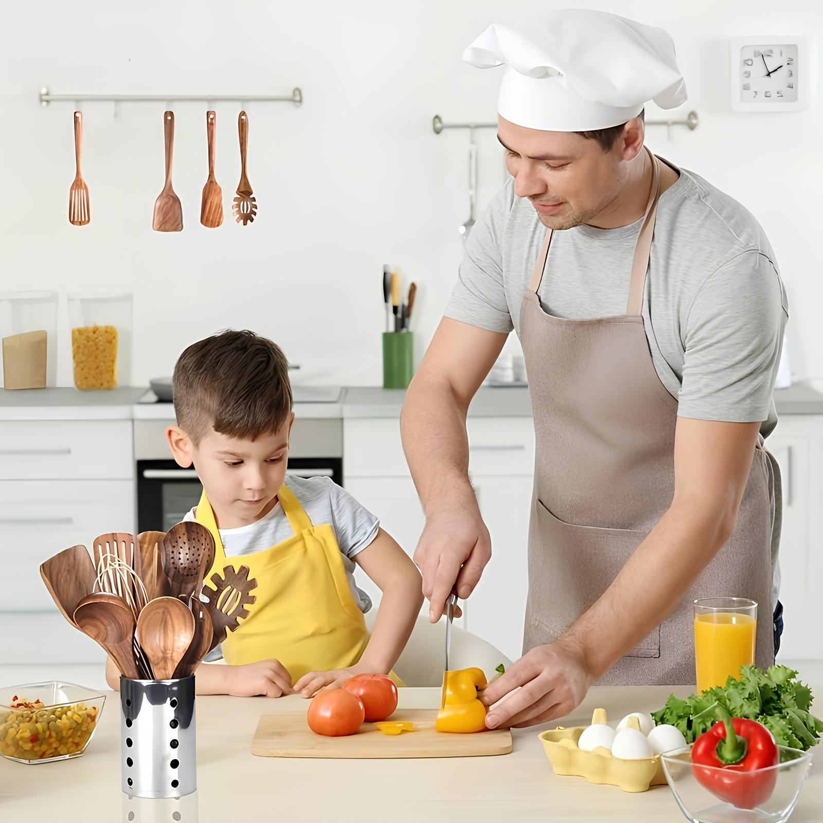Skanto | Ensemble d'ustensiles de cuisine en teck de 11 pièces | Avec support | Bois naturel