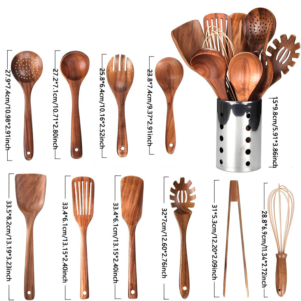 Ensemble d'Ustensiles de Cuisine en Bois 11 Pièces avec Support à Ustensiles