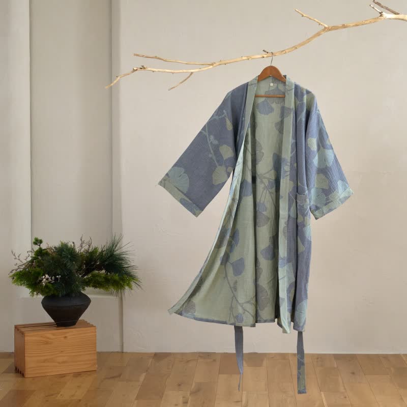 Peignoir de Style Japonais en Gaze de Coton Bio – Motif Feuille de Ginkgo
