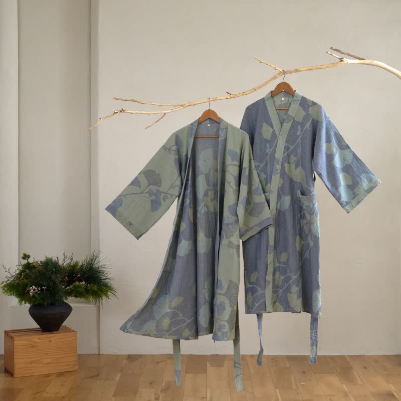 Peignoir de Style Japonais en Gaze de Coton Bio – Motif Feuille de Ginkgo