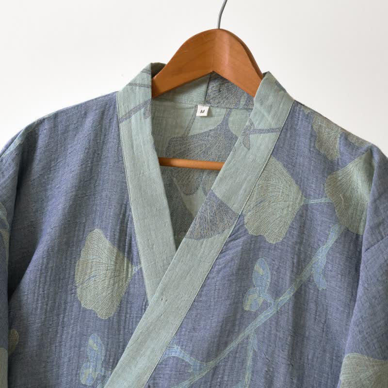Peignoir de Style Japonais en Gaze de Coton Bio – Motif Feuille de Ginkgo