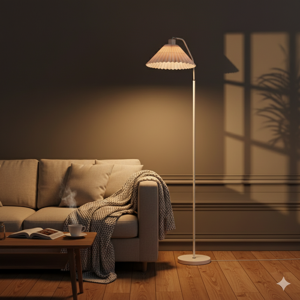 Lampe sur pied LED minimaliste avec abat-jour en tissu plissé