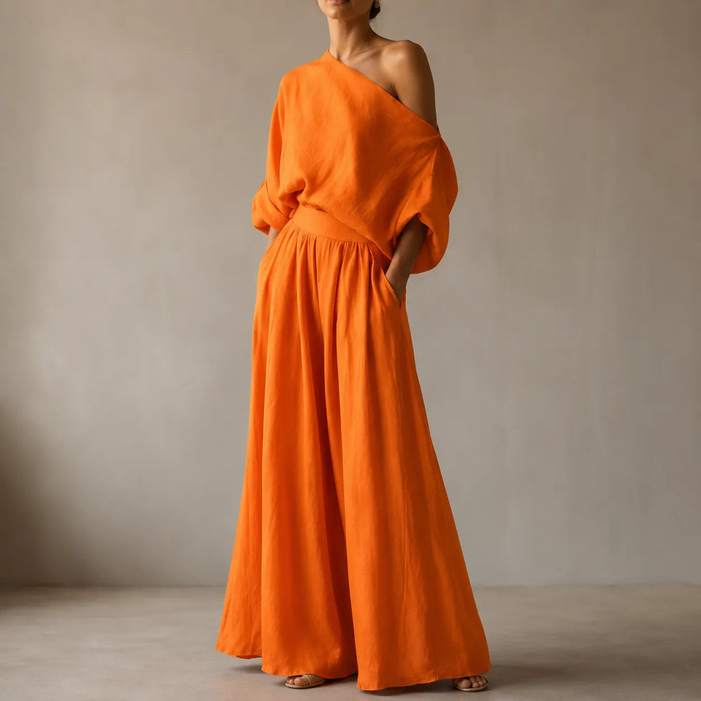 Solendra – Haut coordonné à une épaule et pantalon large fluide