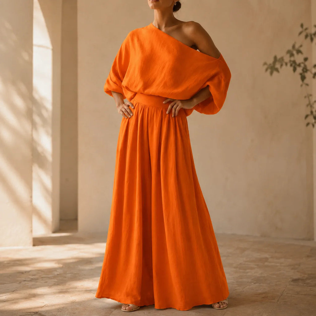 Solendra – Haut coordonné à une épaule et pantalon large fluide