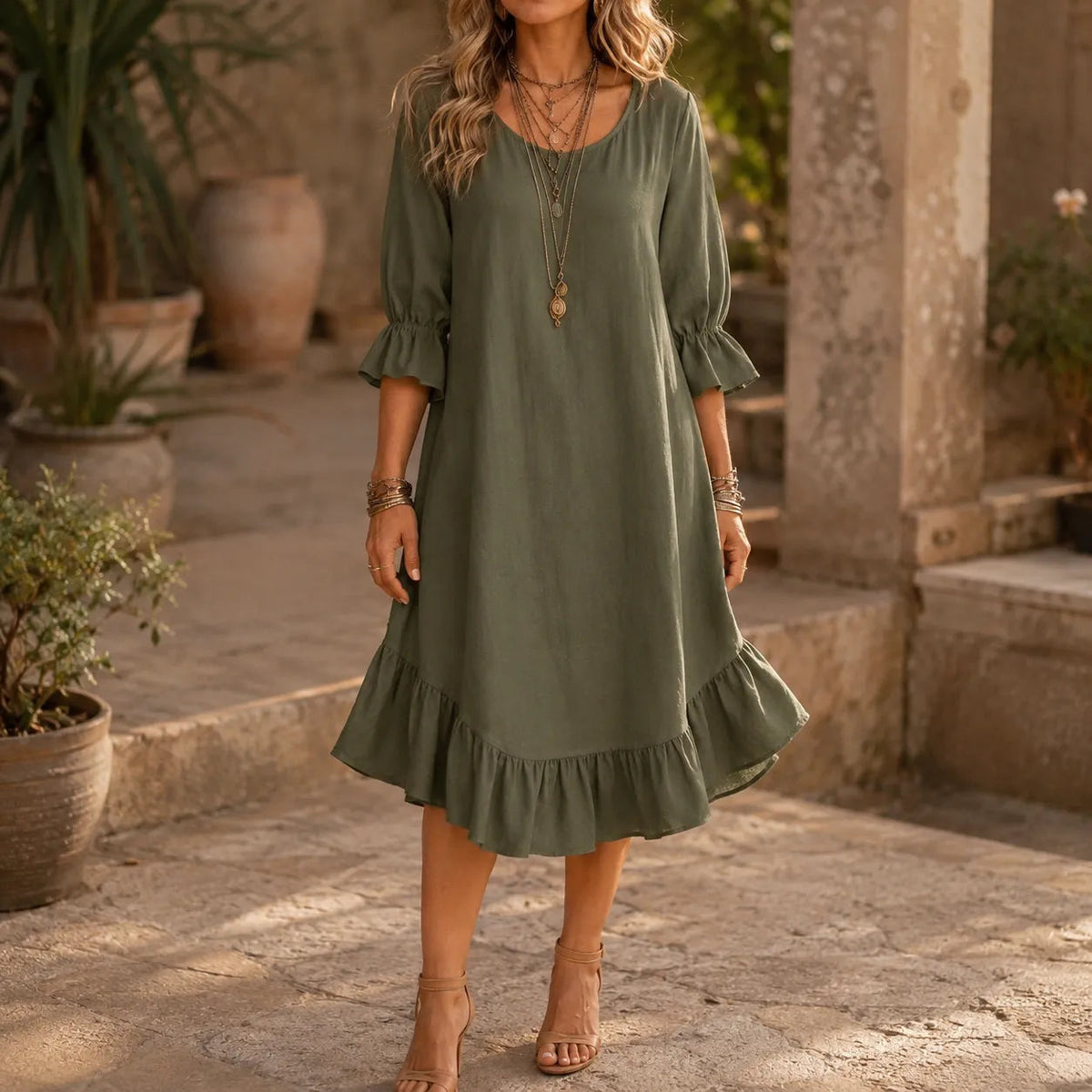Florenza – Robe Midi à Ourlet Volant avec Manches Cloche