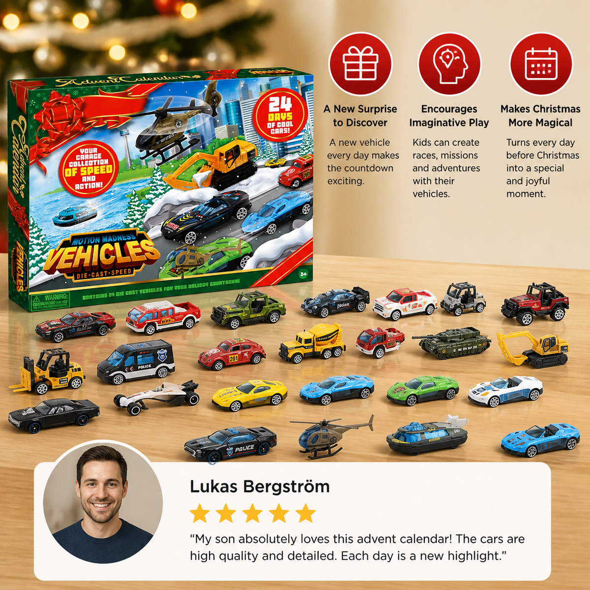Calendrier de l'Avent de Voitures en Métal Die-Cast de Noël pour Enfants