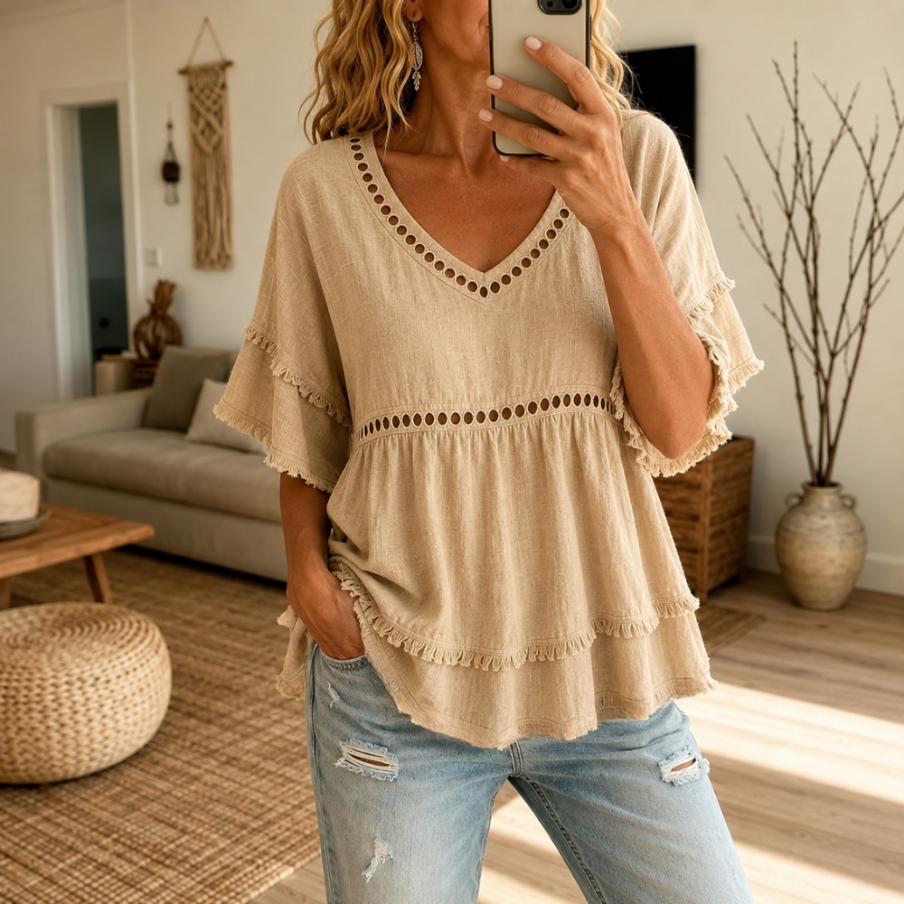 Meloria – Haut Babydoll Bohème avec Découpes en Oeillet et Ourlet Frangé