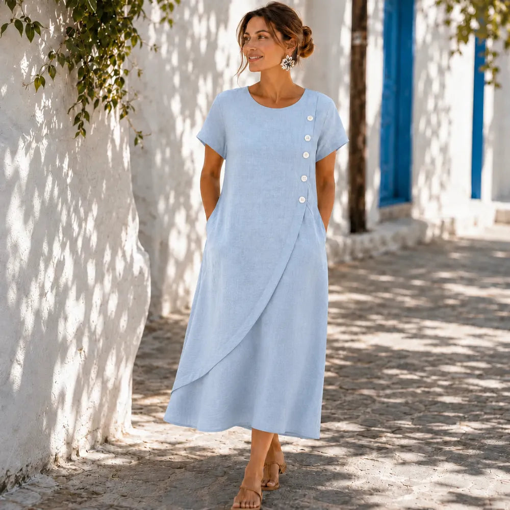 Sumlor – Robe Midi à Boutons Asymétrique avec Poches pour l'Été