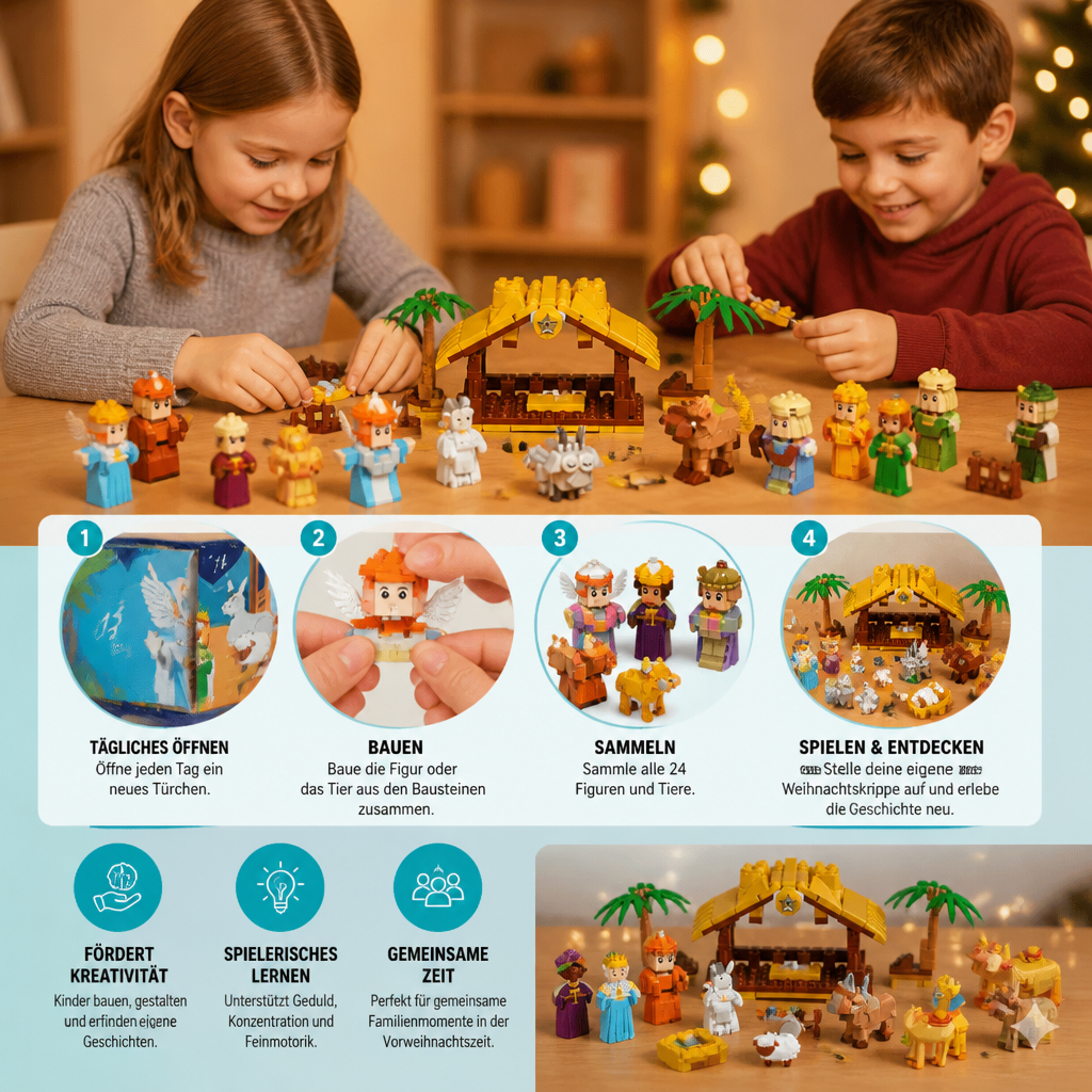 Calendrier de l'Avent en Blocs de Crèche – 24 Jours de Figurines de Noël