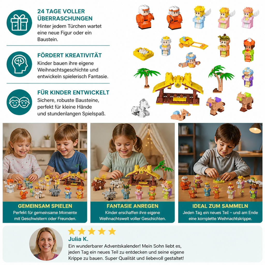 Calendrier de l'Avent en Blocs de Crèche – 24 Jours de Figurines de Noël