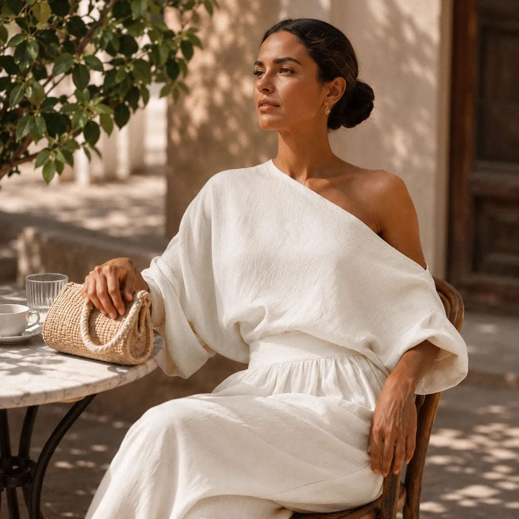 Solendra – Haut coordonné à une épaule et pantalon large fluide