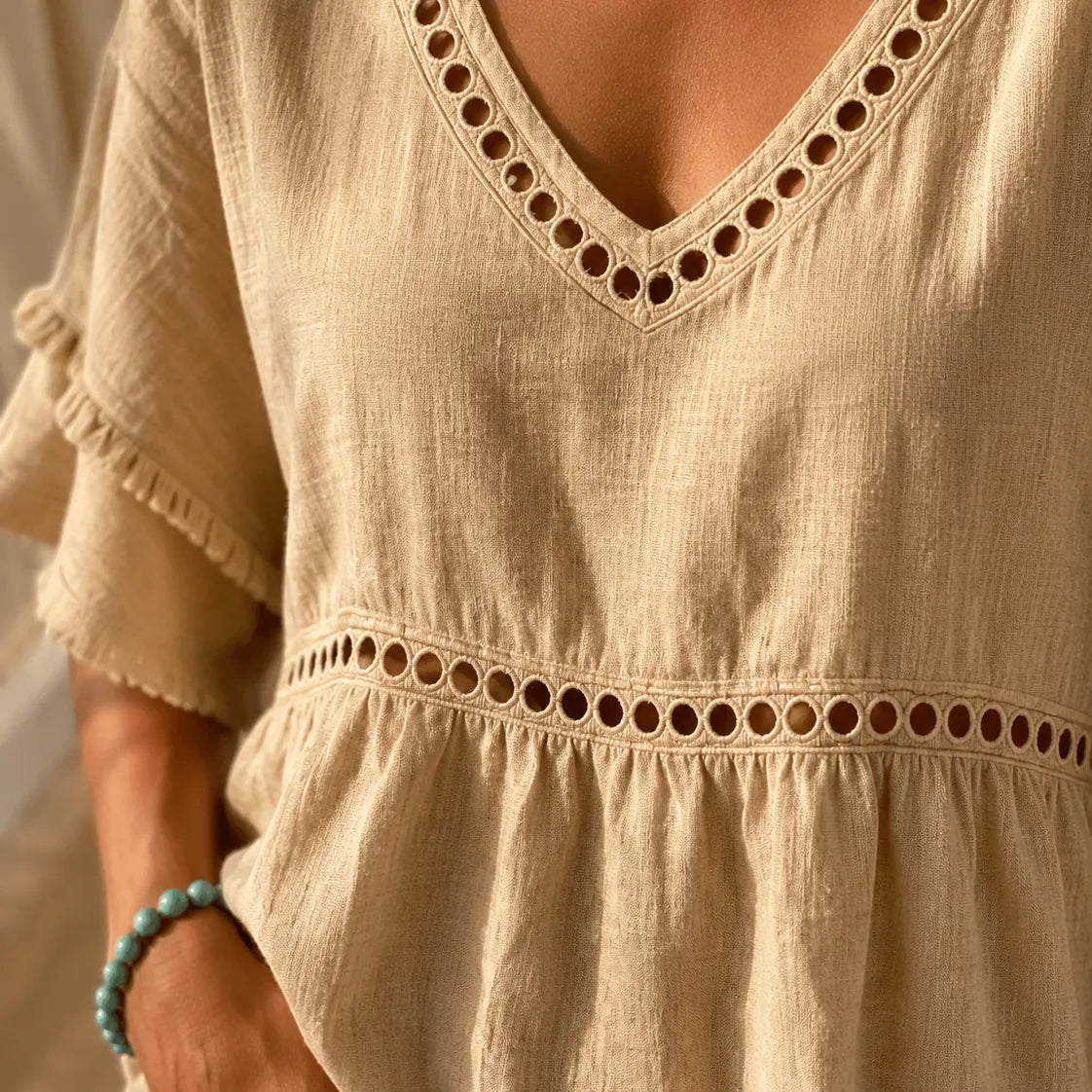 Meloria – Haut Babydoll Bohème avec Découpes en Oeillet et Ourlet Frangé