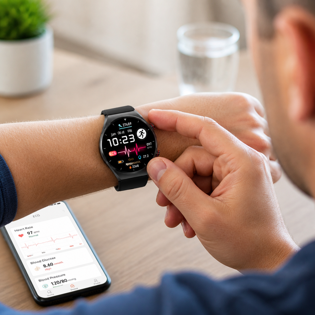 Montre intelligente de santé avec détection ECG et fibrillation auriculaire, glycémie, batterie de 15 jours
