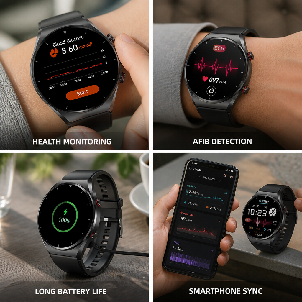 Montre intelligente de santé avec détection ECG et fibrillation auriculaire, glycémie, batterie de 15 jours