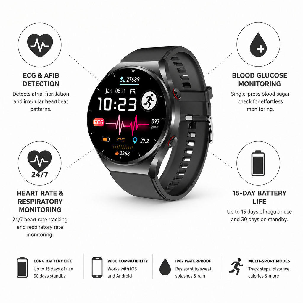 Montre intelligente de santé avec détection ECG et fibrillation auriculaire, glycémie, batterie de 15 jours