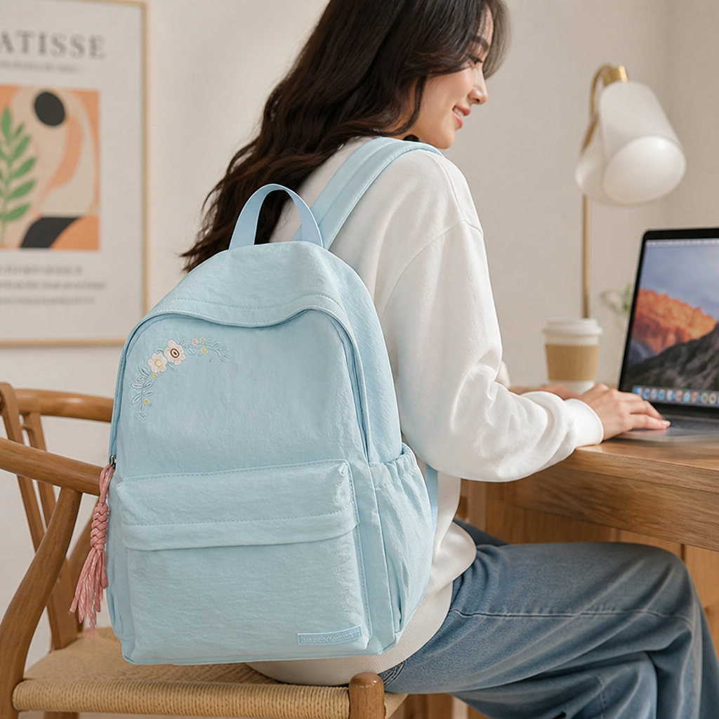 Sac à dos d'école à broderie florale avec plusieurs poches